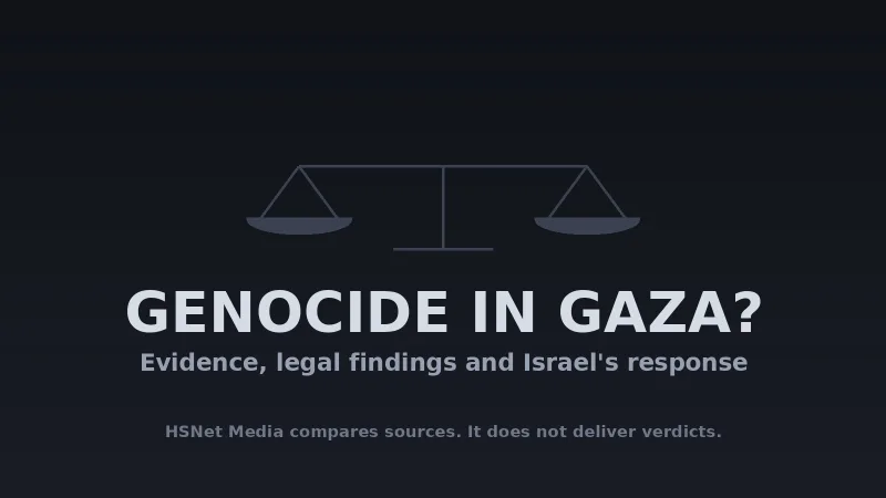 HSNet graphic: scales of justice with the question, genocide in Gaza?
